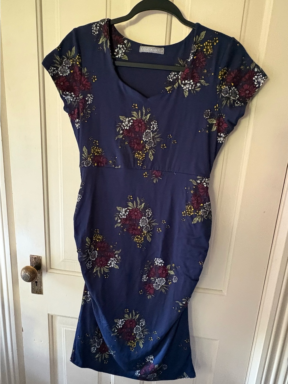 Loveappella Navy Floral Cap-Sleeve Midi Maternity Dress